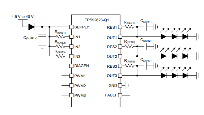 Applikations-Schaltungsdiagramm - Texas Instruments TPS92623-Q1 Automotive-High-Side-LED-Treiber