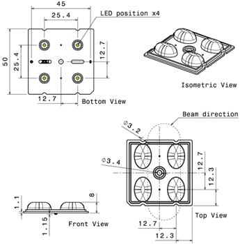 Mechanical Drawing - Ledil AMBER-2X2 LED Lighting Lenses
