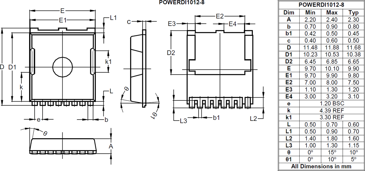 Technische Zeichnung - Diodes Incorporated DMTH10H1M7STLWQ Automotive Enhancement-Mode-MOSFET