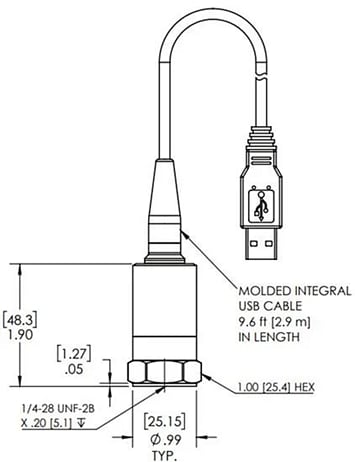 Technische Zeichnung - The Modal Shop Digiducer® Digitaler USB-Beschleunigungsmesser der Baureihe 333
