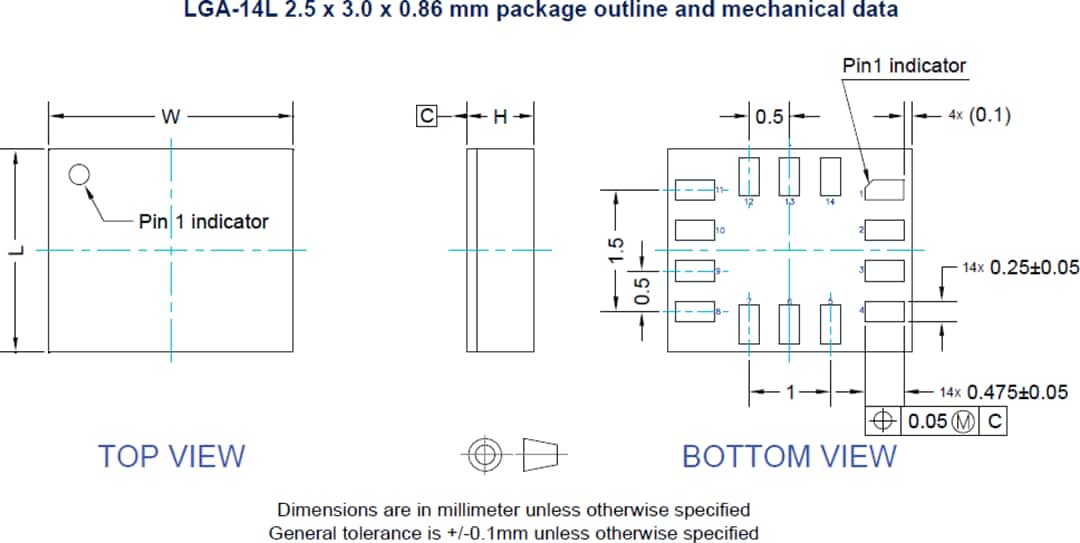 Technische Zeichnung - STMicroelectronics ASM330LHHX automatisches 6-Achsen-ML-Core-Trägheit Modul