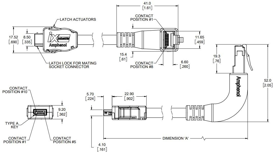 Technische Zeichnung - Amphenol Communications Solutions ND9-Baureihe ix Industrial Ethernet-Steckverbinder und -Kabelsätze