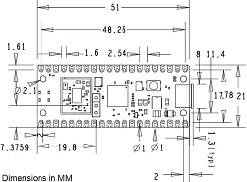 Technische Zeichnung - Raspberry Pi Pico/Pico H/Pico mit RP2040-basierten MCU-Platinen