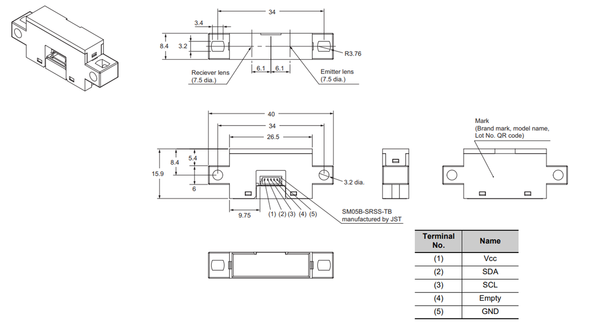 Technische Zeichnung - Omron Electronics B5WC Farbsensor