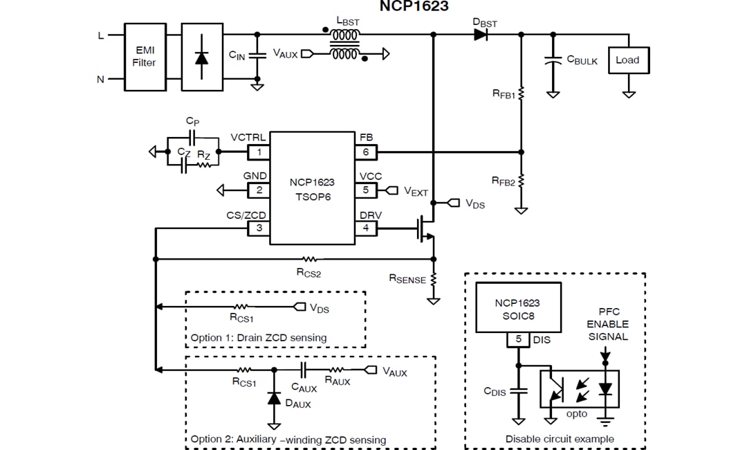 Applikations-Schaltungsdiagramm - onsemi NCP1623 CrM-Leistungsfaktor-Controller