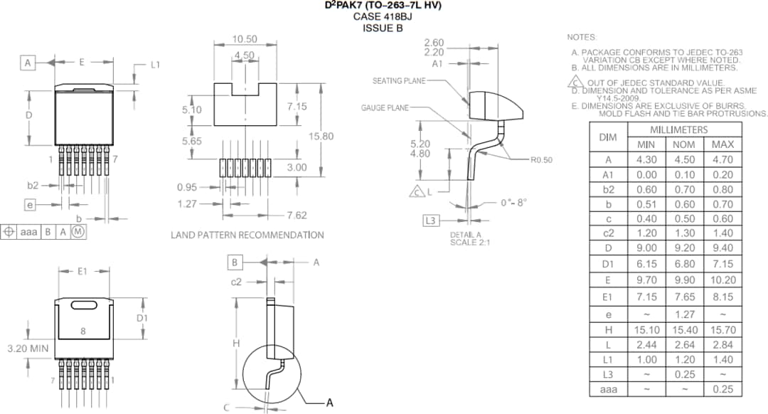 Technische Zeichnung - onsemi NTBG022N120M3S M3S-Baureihe 1.200-V-SiC-MOSFET 