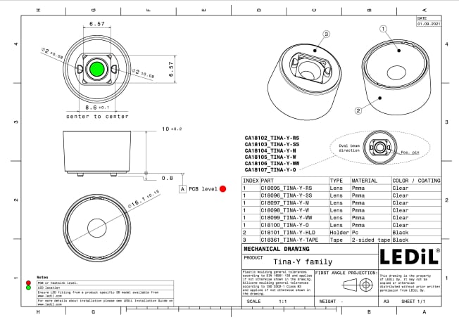 Mechanical Drawing - Ledil Tina-Y LED Lighting Lens Assemblies