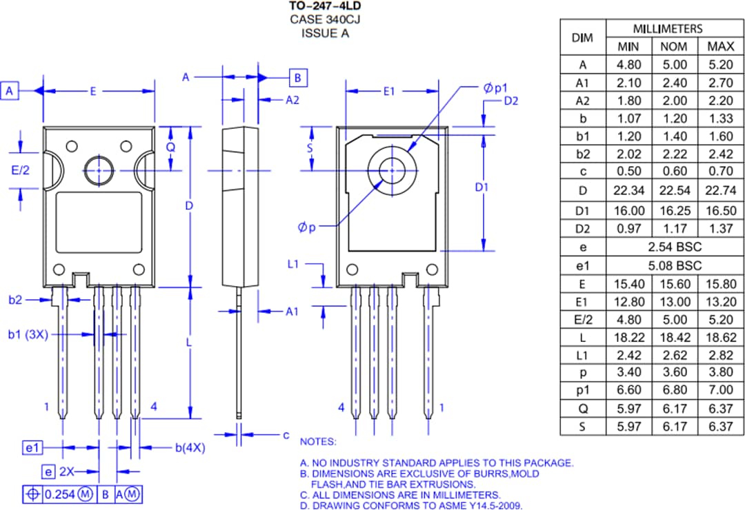 Technische Zeichnung - onsemi NTH4L028N170M1 1700 V EliteSiC-MOSFET