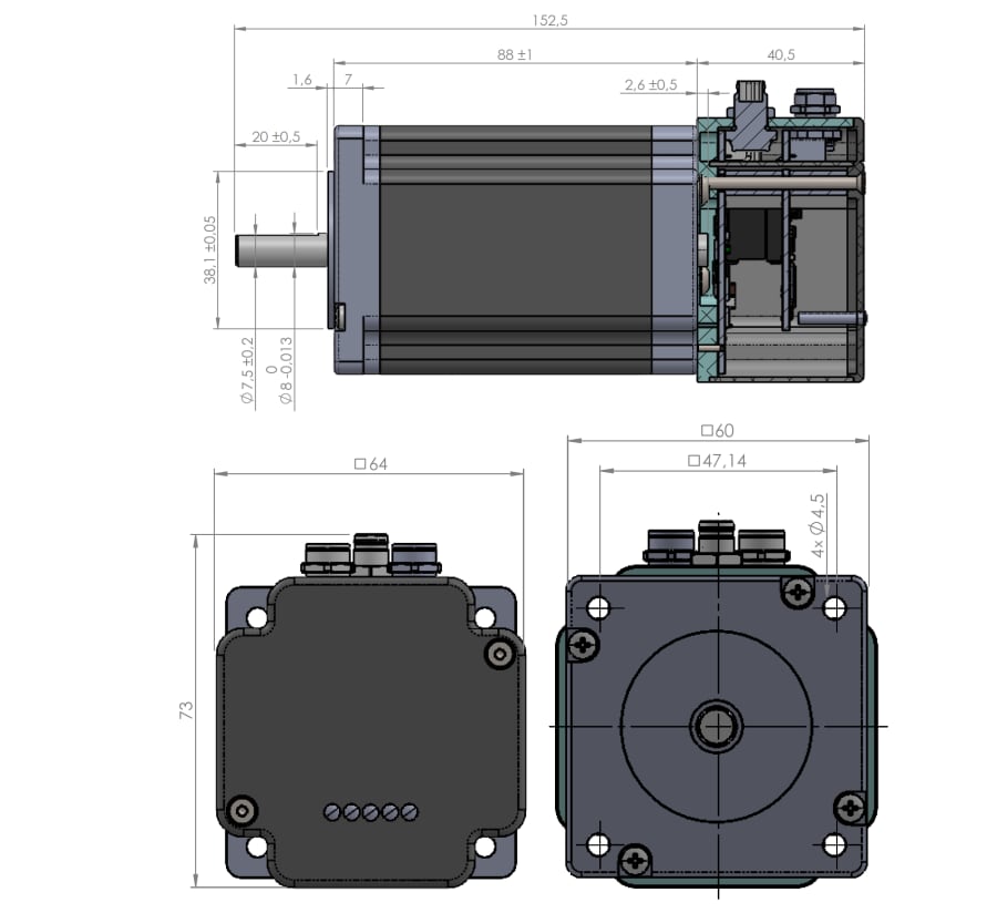 Technische Zeichnung - Analog Devices / Maxim Integrated PD60-4H-1461-CoE Einachsen-Schrittmotor