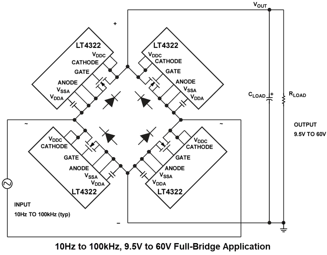 Applikations-Schaltungsdiagramm - Analog Devices Inc. LT4322 Floating-Active-Gleichrichtregler
