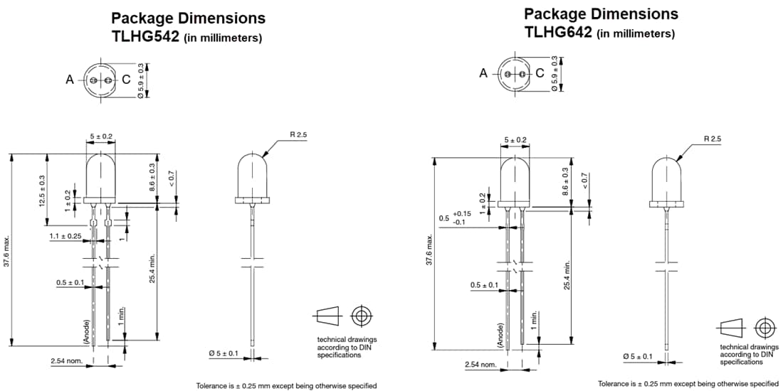 Technische Zeichnung - Vishay Semiconductors TLHG542/TLHG642 5 mm LEDs mit hohem Wirkungsgrad 