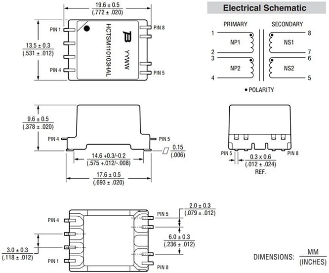 Technische Zeichnung - Bourns HCTSM110103HAL HCT-Transformator