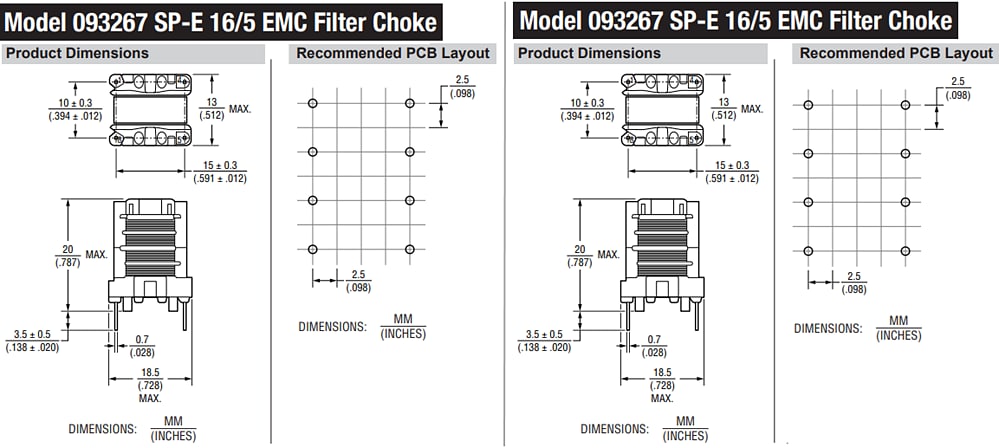 Technische Zeichnung - Bourns EMC-Filterdrosseln 071923 und 093267