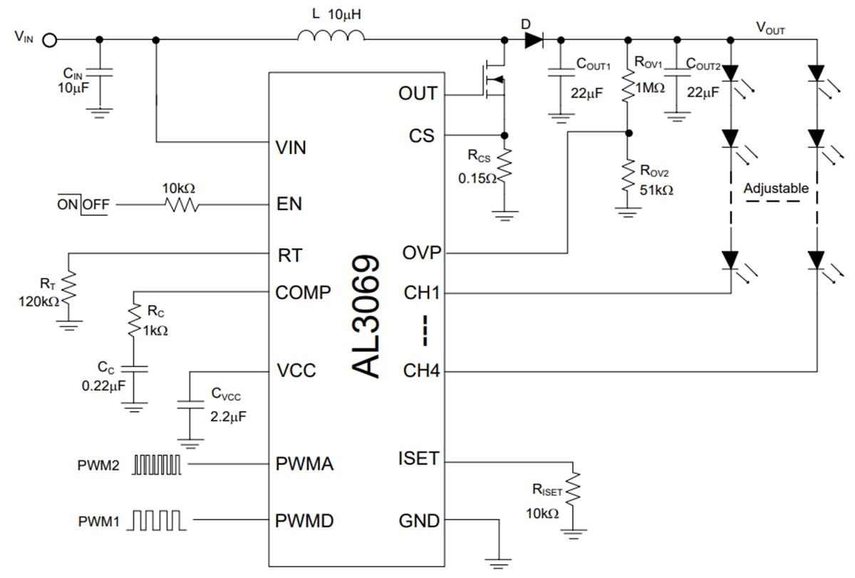 Applikations-Schaltungsdiagramm - Diodes Incorporated AL3069 Vierkanal-Boost Controller