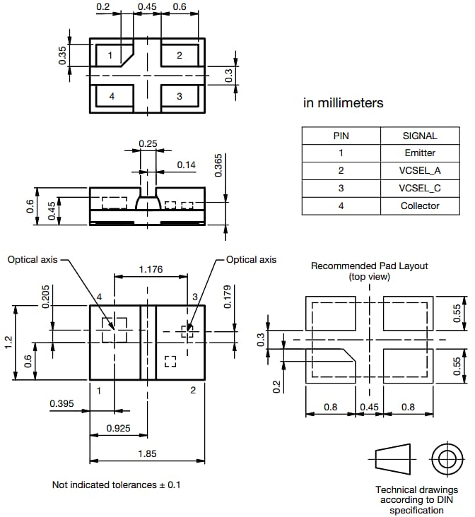 Technische Zeichnung - Vishay VCNT2030 Reflektierender Sensor (VCSEL+PT)