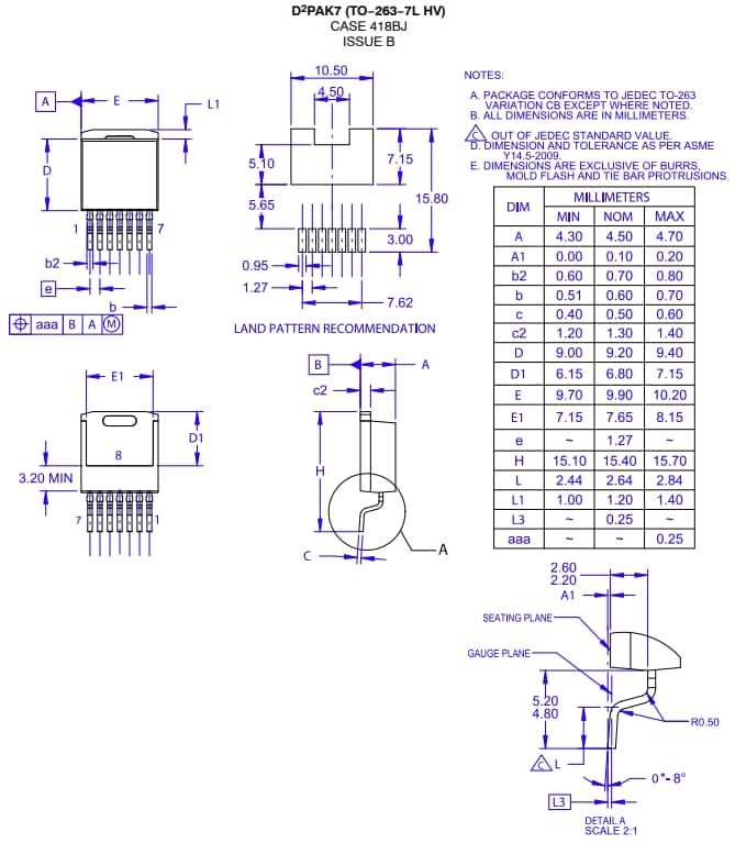 Technische Zeichnung - onsemi Siliziumkarbid(SIC)-MOSFET NVBG070N120M3S