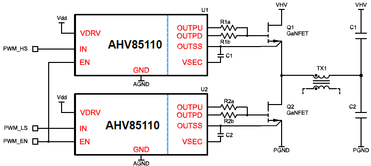 Applikations-Schaltungsdiagramm - Allegro MicroSystems AHV85110 Isolierte GaNFET-Gate-Treiber