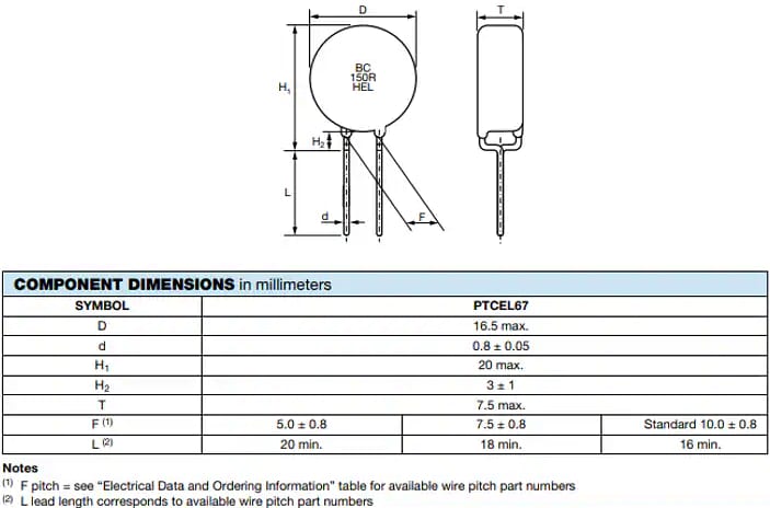Technische Zeichnung - Vishay / BC Components PTCEL67 Hochenergie-PTC-Thermistoren