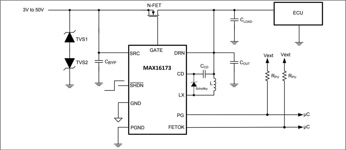 Applikations-Schaltungsdiagramm - Analog Devices / Maxim Integrated MAX16173 Ideale Diodensteuergeräte