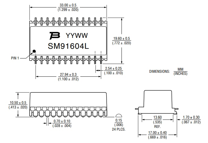 Technische Zeichnung - Bourns SM91604L LAN-Gigabit-Ethernet-Transformator