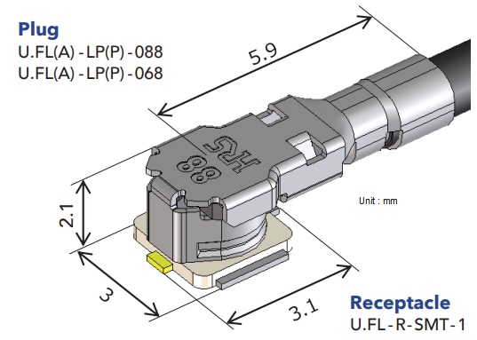 Technische Zeichnung - Hirose Electric U.FL-A Mikrokoaxialkabel