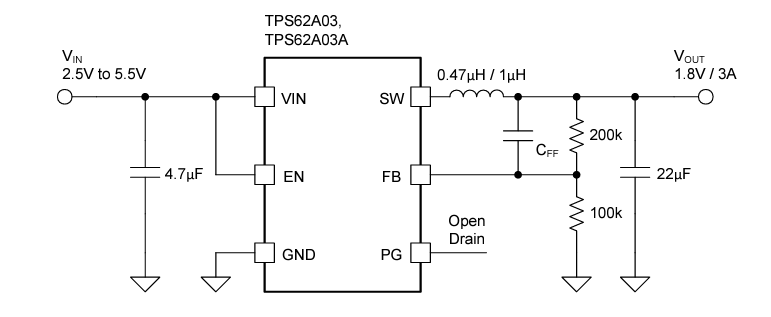 Applikations-Schaltungsdiagramm - Texas Instruments TPS62A03x Abwärtswandler
