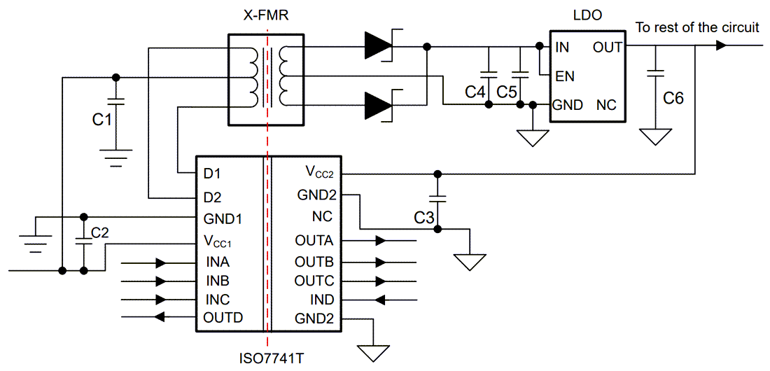 Schaltplan - Texas Instruments ISO7741Tx-Q1 4-Kanal Verstärkter Digitaler Isolator