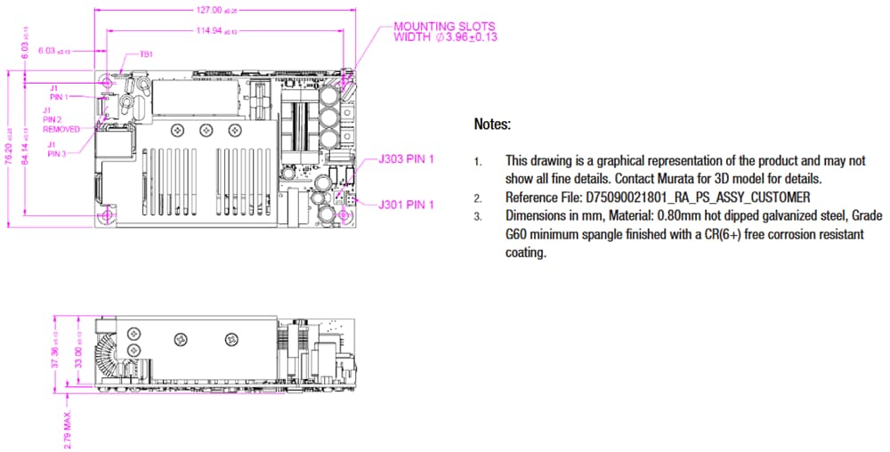 Technische Zeichnung - Murata PQC600 600 W Open-Frame-Netzteile