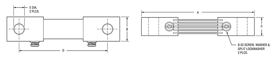 Technische Zeichnung - Bourns RSH Riedon™ DC-Amperemeter-Querwiderstände