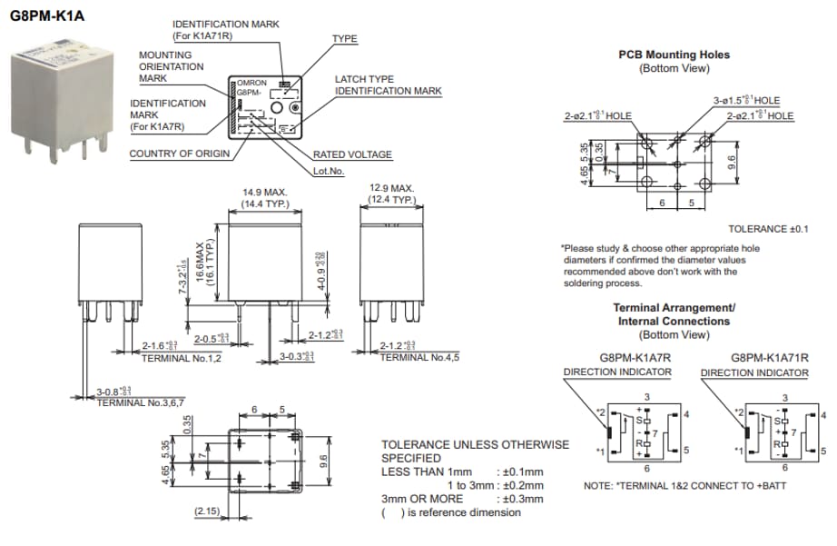 Technische Zeichnung - Omron Electronics G8PM-K Automotive-PCB-Relais