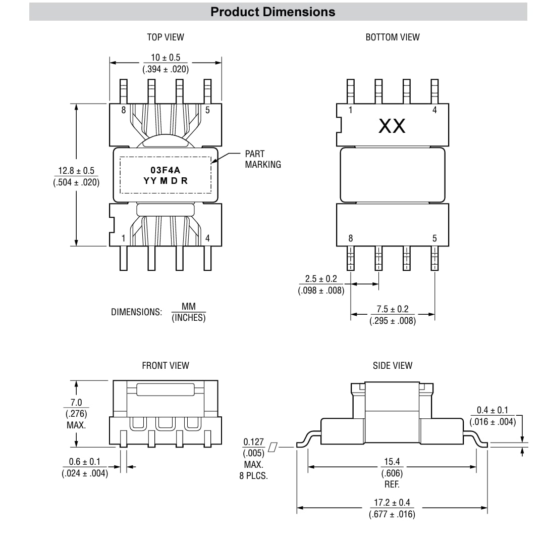 Technische Zeichnung - Bourns HVMA03F4A-LP8S 2-W-Gate-Treiber-Transformator