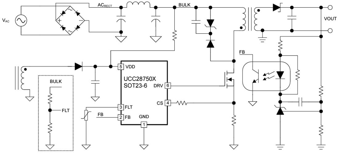 Applikations-Schaltungsdiagramm - Texas Instruments UCC28750 Strommodus-Flyback-Controller