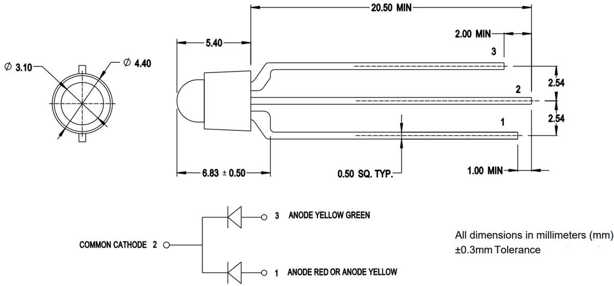 Technische Zeichnung - Broadcom HL3P-6xC0-000x Zweifarbige LEDs