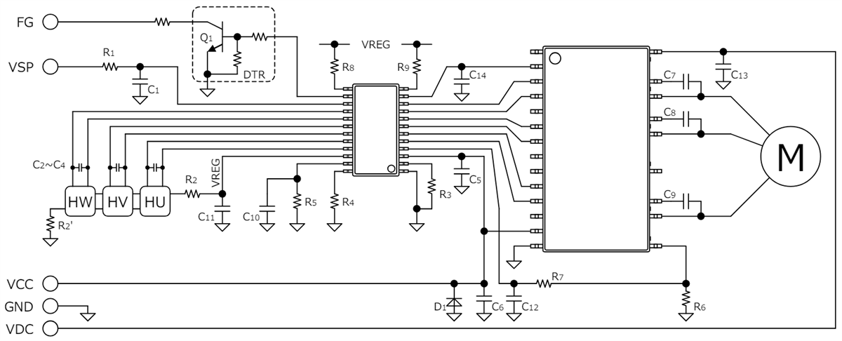 Applikations-Schaltungsdiagramm - ROHM Semiconductor BD2601xBFS 3-Phasen bürstenlose Lüftermotorsteuerungen