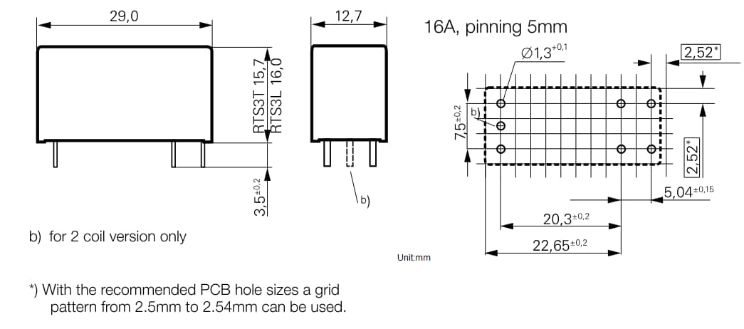 Technische Zeichnung - TE Connectivity / Schrack RT Einschaltstrom- (RT-iPower) PCB-Relais