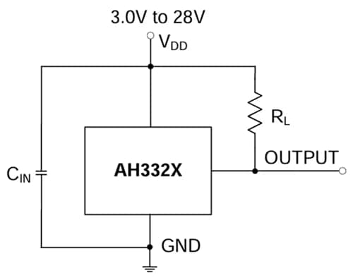 Applikations-Schaltungsdiagramm - Diodes Incorporated AH332x Unipolare Hochspannungs-Hall-Effekt-Schalter