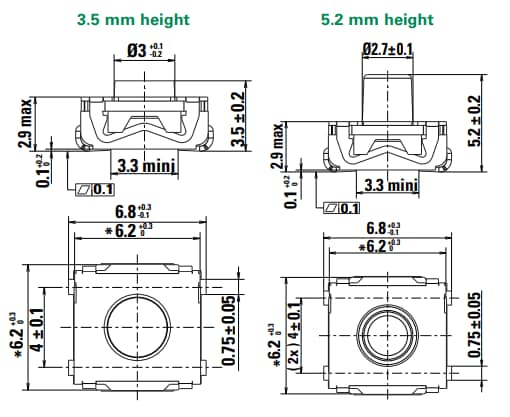 Technische Zeichnung - C&K Switches EL2 Taktile Basisschalter