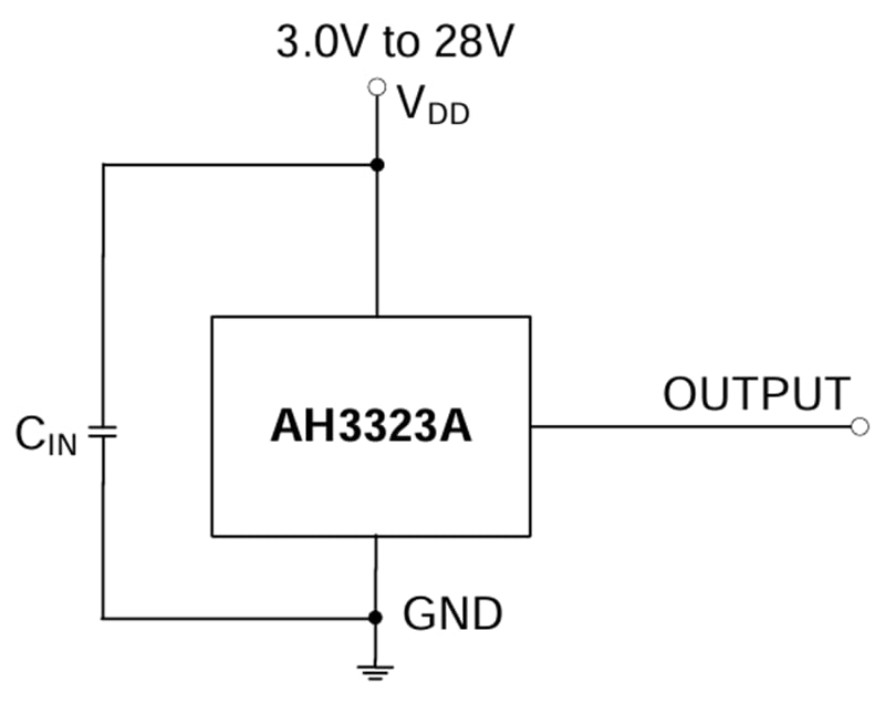 Applikations-Schaltungsdiagramm - Diodes Incorporated AH3323A Unipolare Hochspannungs-Hall-Effekt-Schalter