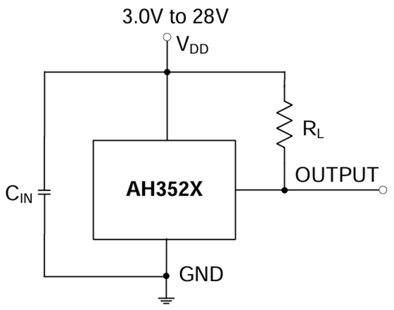 Applikations-Schaltungsdiagramm - Diodes Incorporated AH352x Omnipolare Hall-Effekt-Schalter