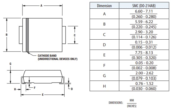 Technische Zeichnung - Bourns SMLJ-R Transientenspannungsschutzdioden