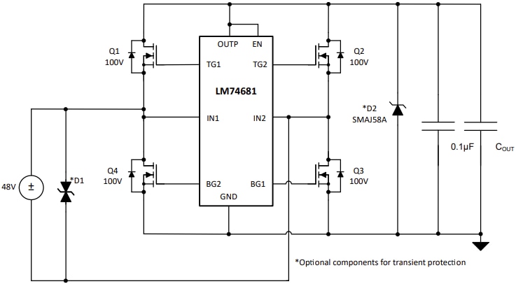Applikations-Schaltungsdiagramm - Texas Instruments LM74681 100-V-Ideal-Dioden-Brücken-Controller
