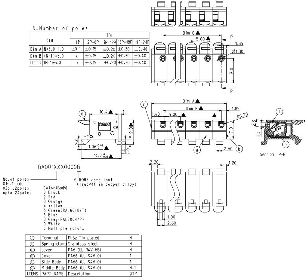 Technische Zeichnung - Amphenol Anytek GA Gebäudeautomation-PCB-Steckverbinder