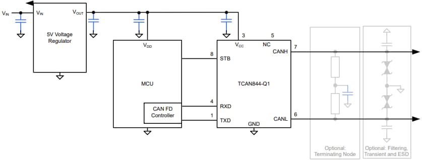 Applikations-Schaltungsdiagramm - Texas Instruments TCAN844-Q1 Fahrzeug CAN FD Einschwinger-Prüfkopf