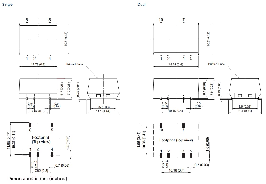 Mechanical Drawing - XP Power PBT01F & PBT02F SMT DC-DC Converters