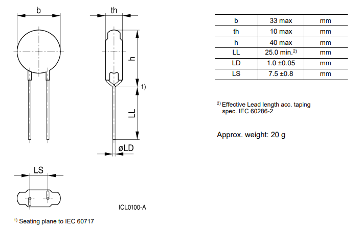 Technische Zeichnung - TDK S30 und S36 NTC ICL-Thermistoren