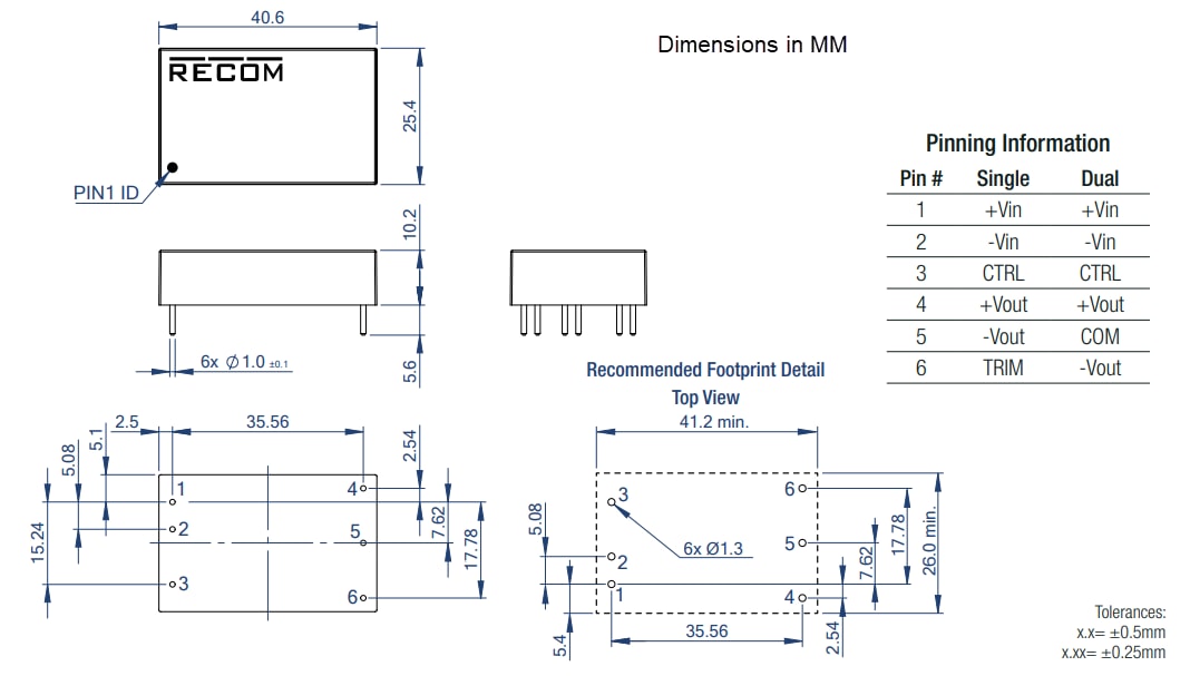 Technische Zeichnung - RECOM Power RPA20-FR DC/DC-Wandler