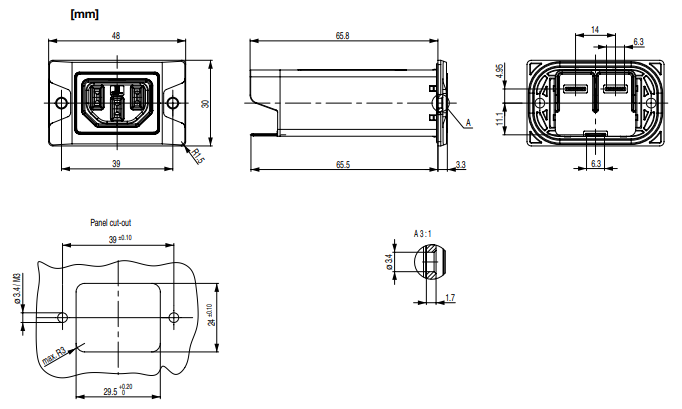 Mechanical Drawing - Schurter 5180 IP67 Appliance Inlet Filters