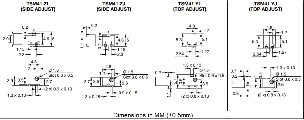 Technische Zeichnung - Vishay / Sfernice TSM41 Quadratische SMT-Miniatur-Trimmer von 4 mm