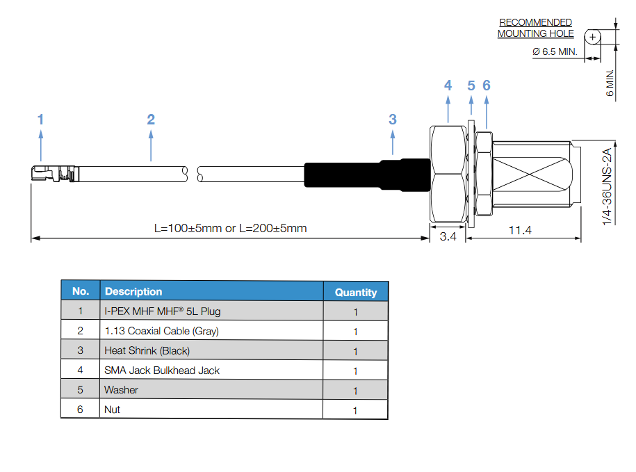 Mechanical Drawing - Siretta MHF5 Pigtail RF Cable Assemblies