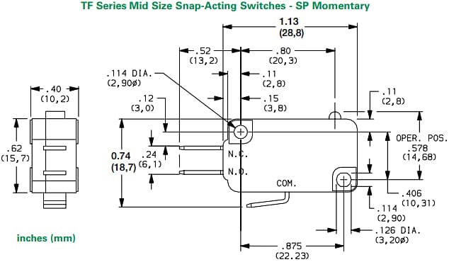 Technische Zeichnung - C&K Switches TF Schnappschalter mittlerer Größe